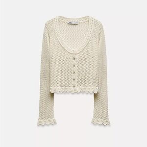 Zara Off-White Crochet Button-Up Cardigan and tank top